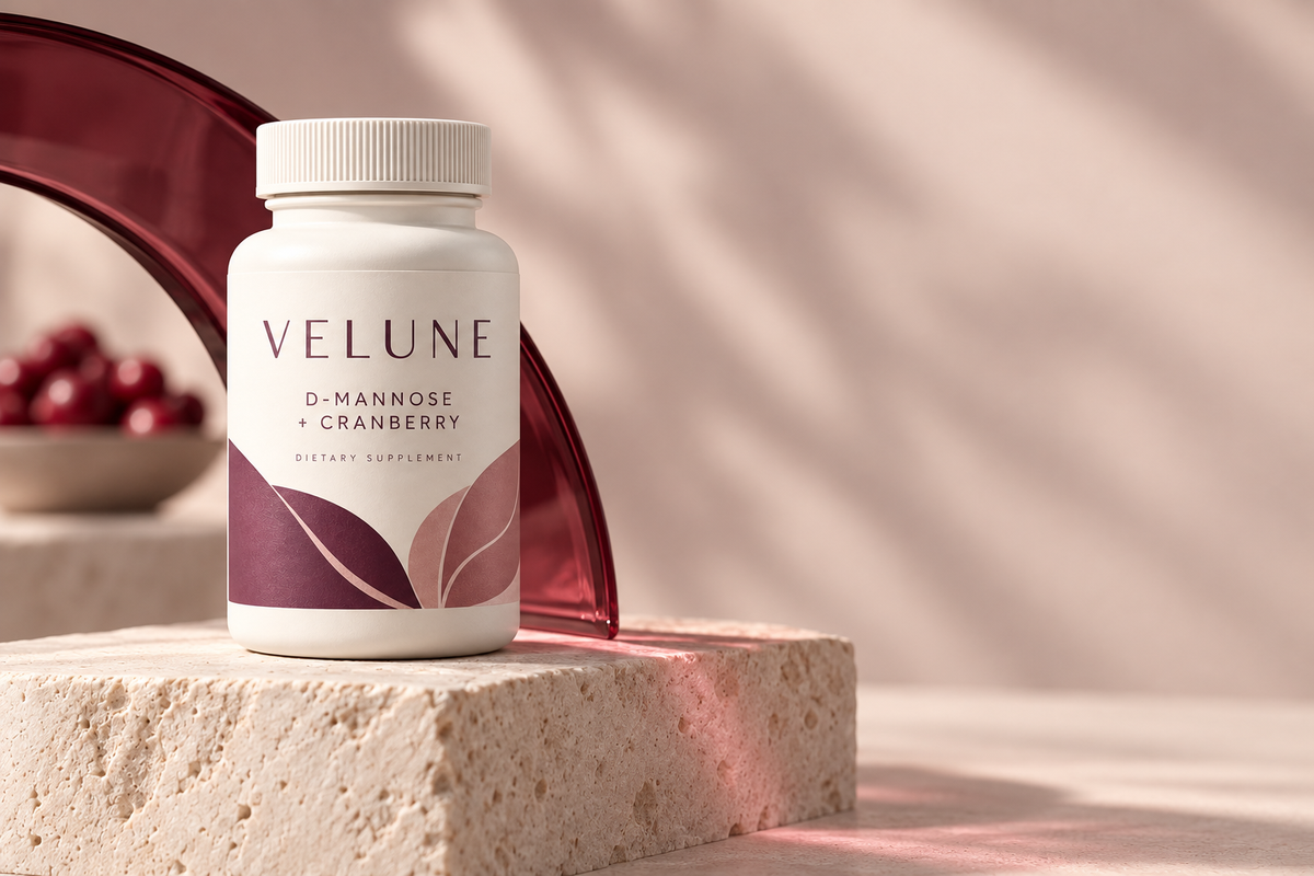 VELUNE on a bathroom counter in bright cool daylight