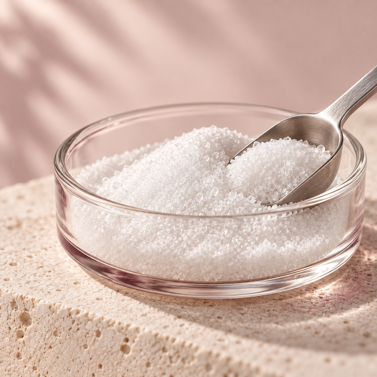 Fine D-mannose powder, photographed up close