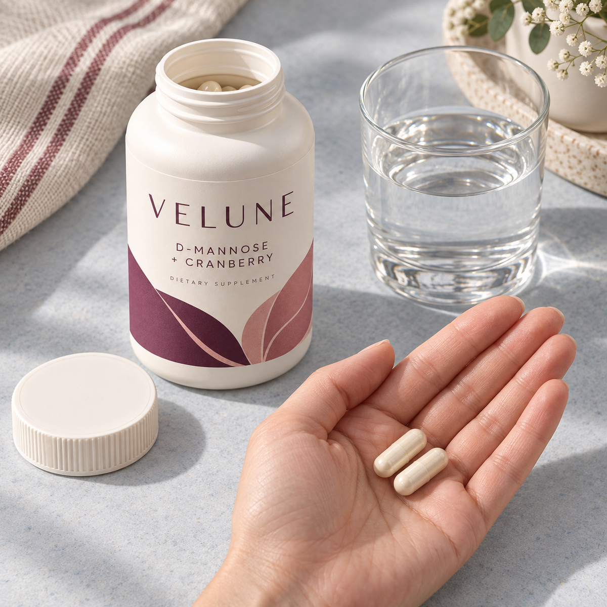 Two capsules in a palm beside the open VELUNE bottle on a blue table