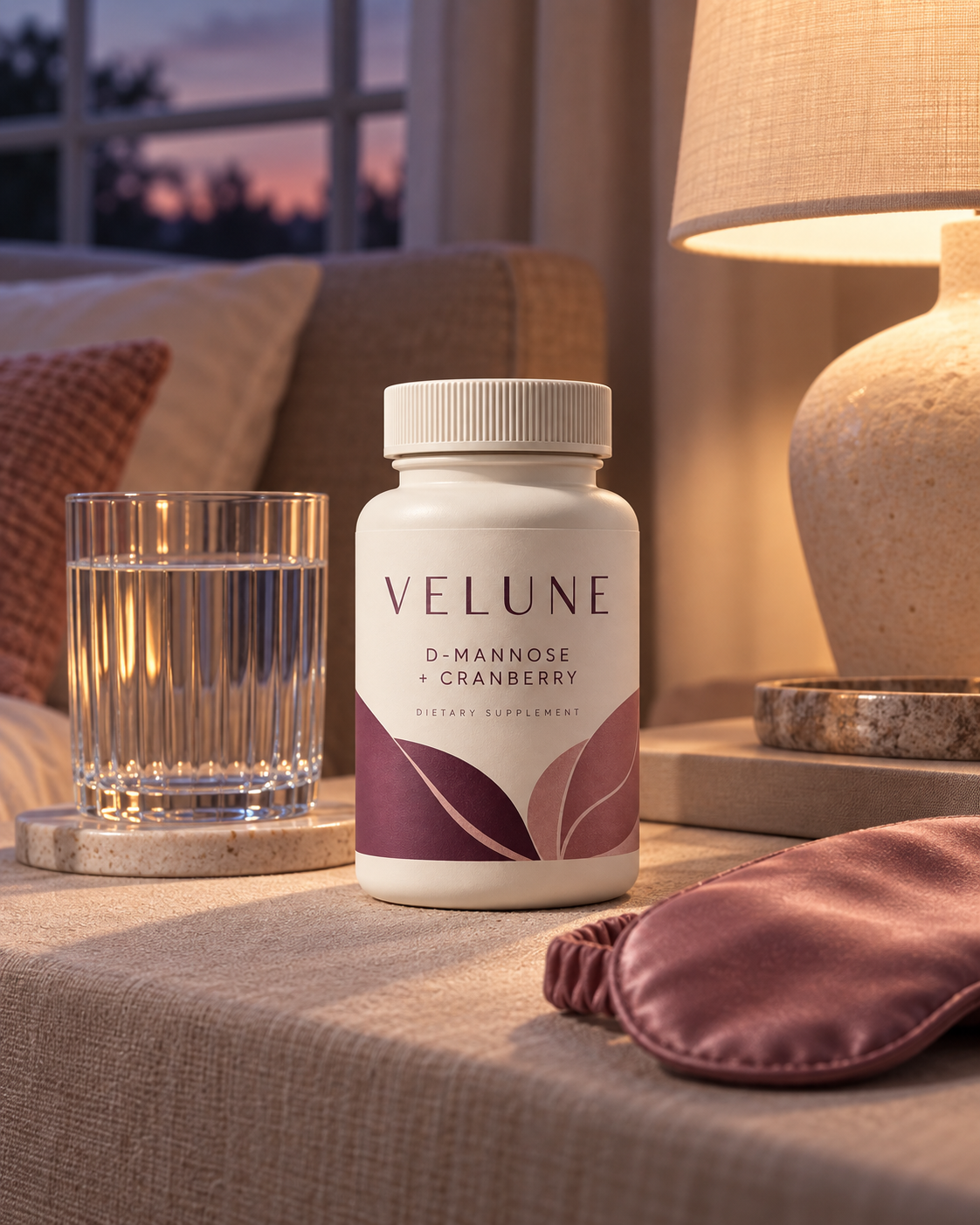 VELUNE in a hand beside purple flowers and green leaves