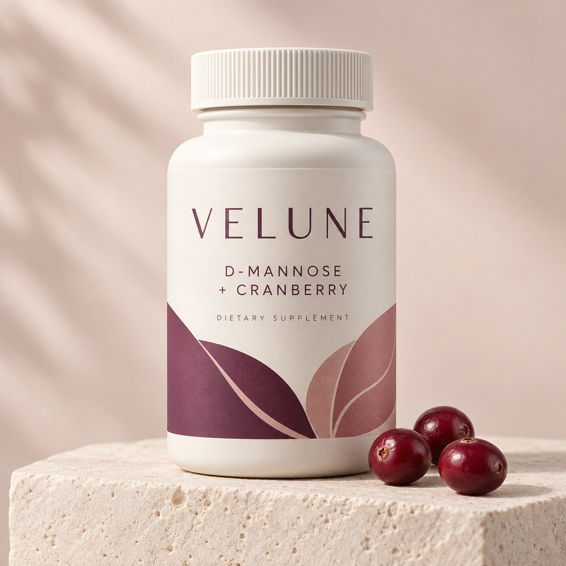 VELUNE D-Mannose + Cranberry cream botanical bottle with ruby red cranberries