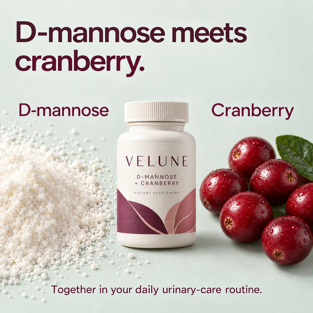 D-mannose meets cranberry. VELUNE bottle between D-mannose powder and whole cranberries. Together in your daily urinary-care routine.