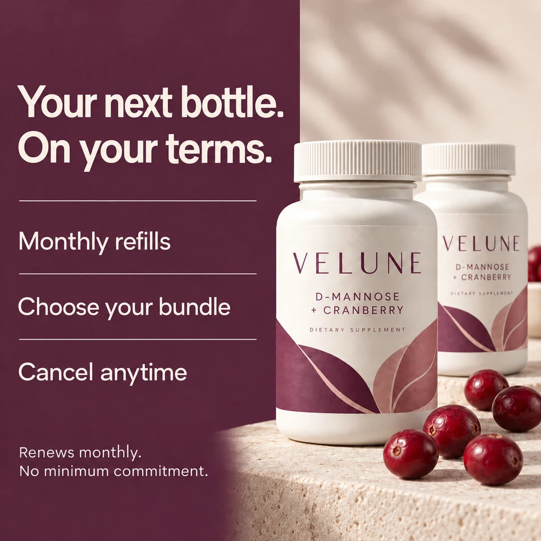 Your next bottle. On your terms. Monthly refills. Choose your bundle. Cancel anytime. Renews monthly. No minimum commitment. Two VELUNE bottles on a stone surface.