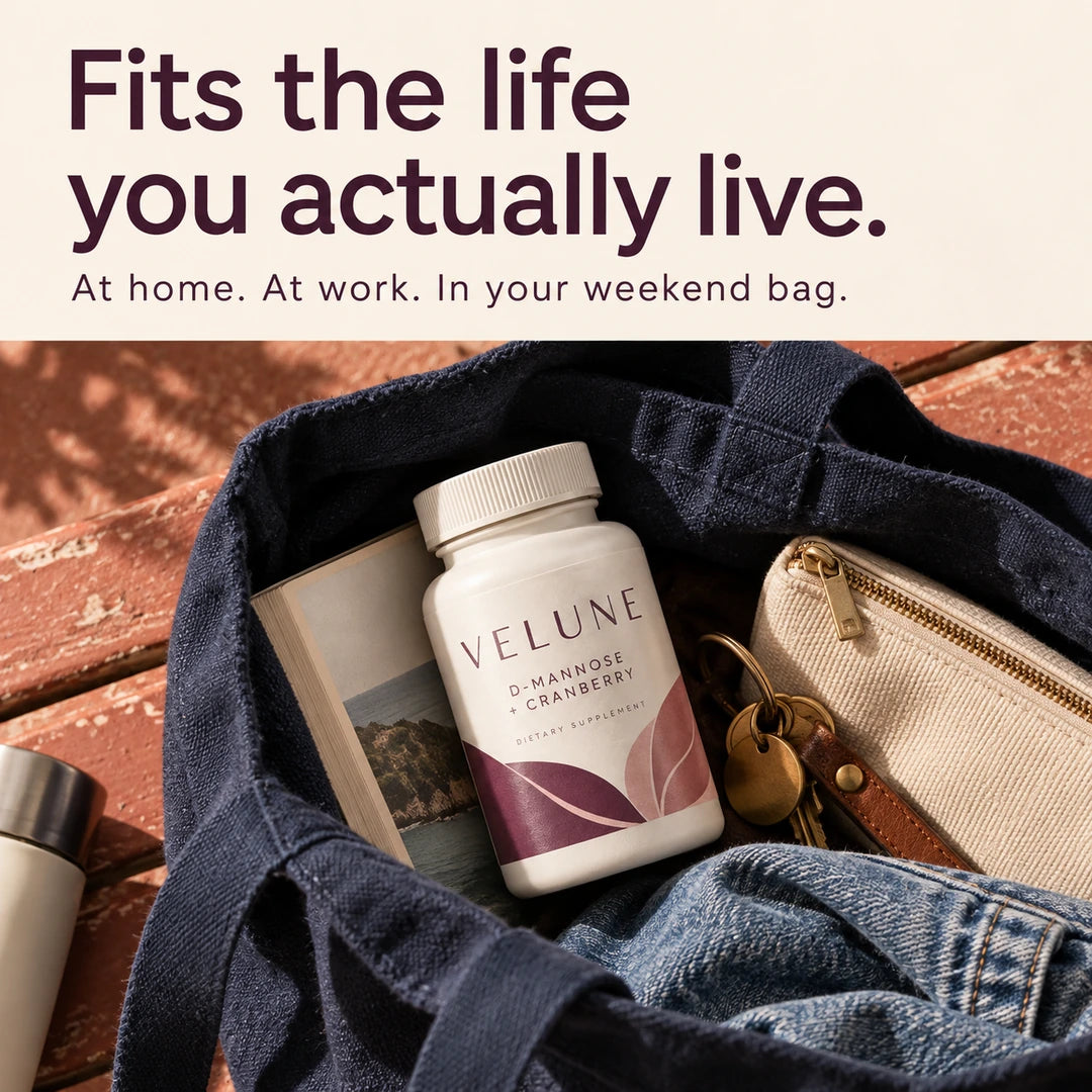 Fits the life you actually live. At home. At work. In your weekend bag. A VELUNE bottle tucked into a navy canvas bag with everyday belongings.