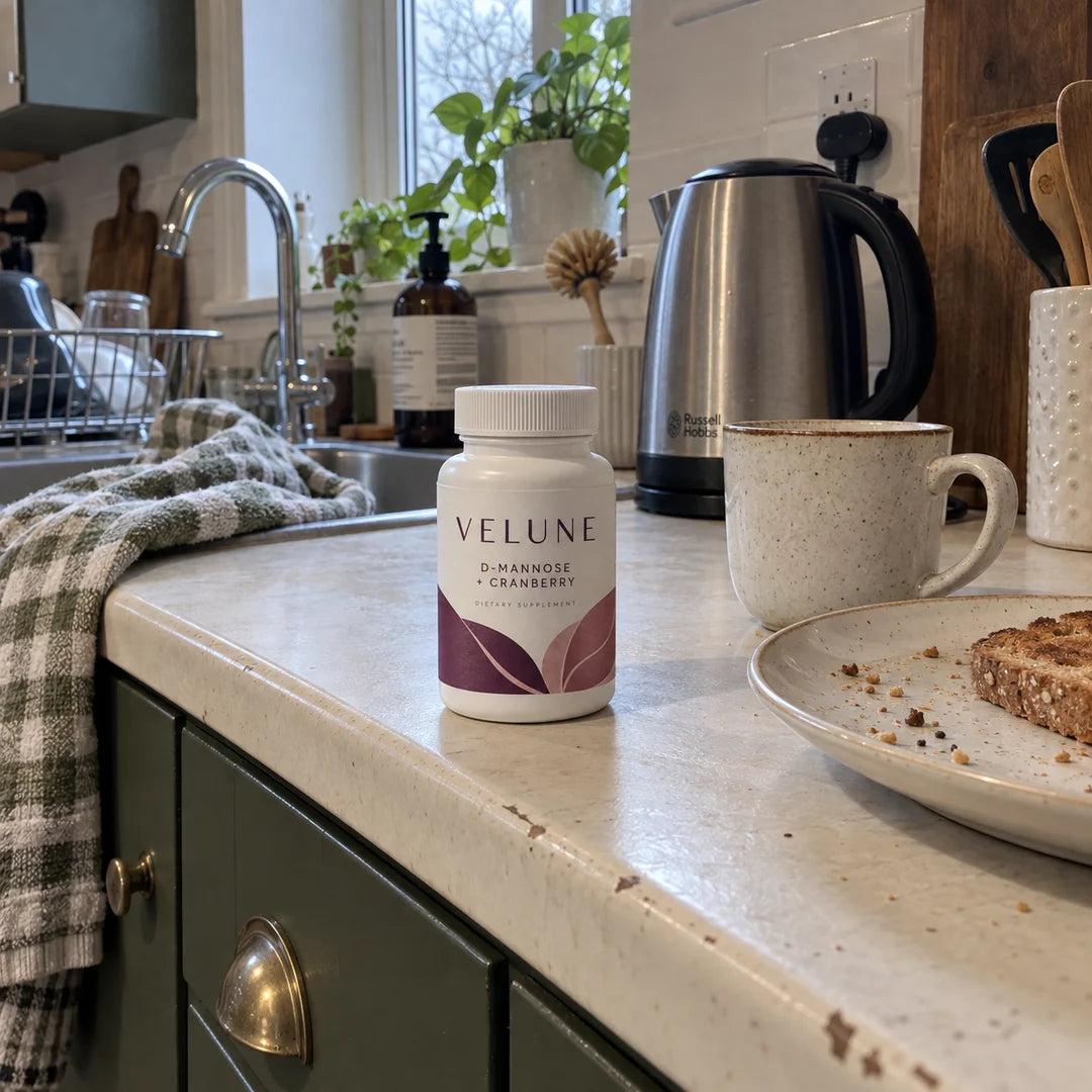 VELUNE on a lived-in kitchen counter beside breakfast
