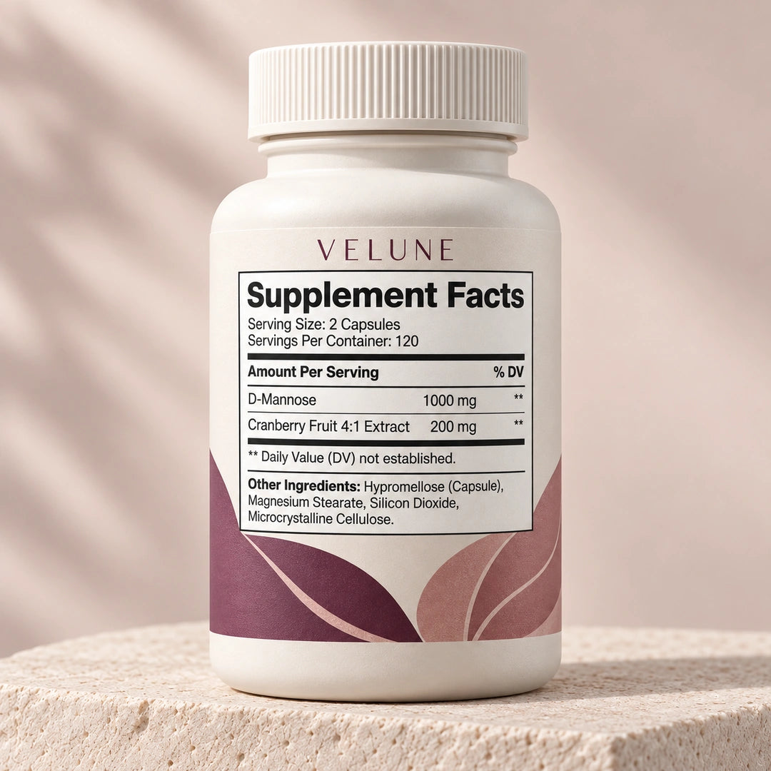 VELUNE Supplement Facts. Serving size: 2 capsules. Servings per container: 120. Per serving: D-Mannose 1000 mg; Cranberry Fruit 4:1 Extract 200 mg. Daily Value not established. Other ingredients: Hypromellose (Capsule), Magnesium Stearate, Silicon Dioxide, Microcrystalline Cellulose.